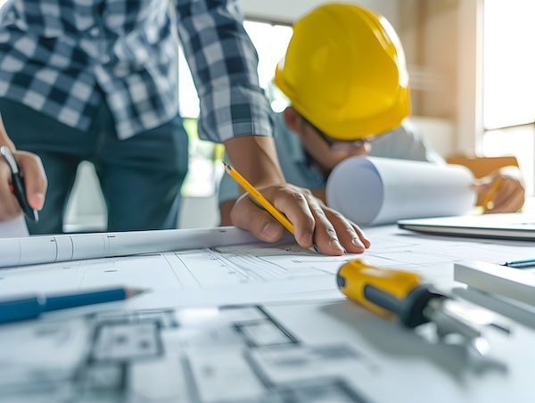 Fotografia del cantiere di costruzione, ingegneria e attrezzature all'aperto per la pianificazione di progetti di costruzione.