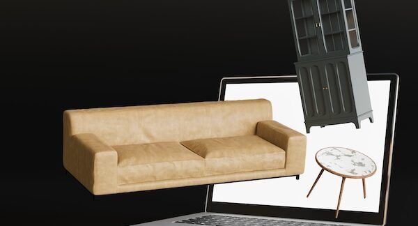 Computer portatile con mobili volanti Acquisti online Dettagli interni del negozio di mobili Vendita di mobili o concetto di progetto d'interni Acquistare divano, tavolo, libreria tramite Internet Commercio elettronico Rappresentazione 3D interior design online