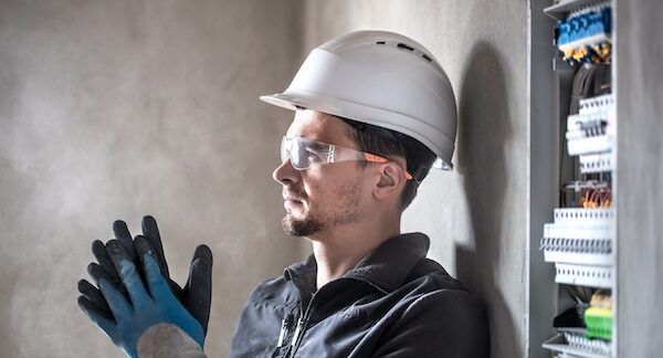 Uomo, un tecnico elettrico che lavora su una centralina con fusibili. Installazione e connessione di apparecchiature elettriche. elettricisti pronto intervento