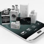 concettoo di negozio online di Elettrodomestici di rendering 3D su uno smartphone