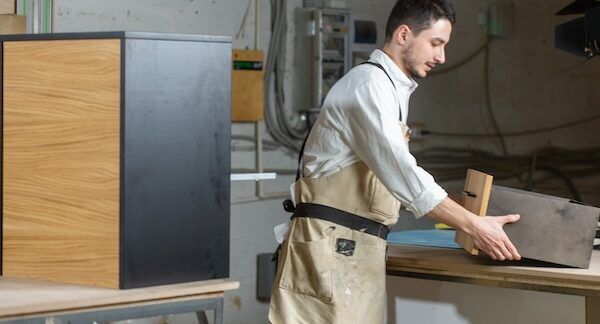 Concetto di fabbrica di mobili e piccole e medie imprese: l'uomo raccoglie dettagli sui mobili per dei produttori di cucine