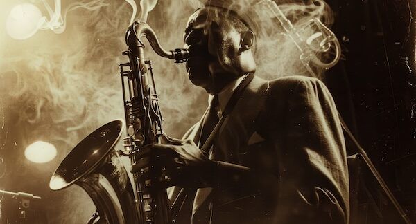 Notte di jazz in un club, sassofonista che suona sotto luci soffuse. Atmosfera in tonalità seppia.