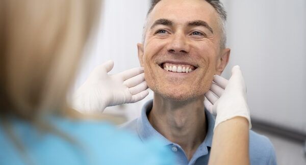 dentista che esamina un uomo da vicino dopo aver messo degli impianti dentali