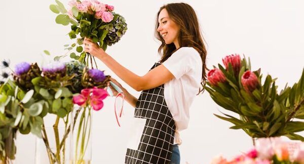Foto media di un fioraio sorridente che prepara un bouquet
