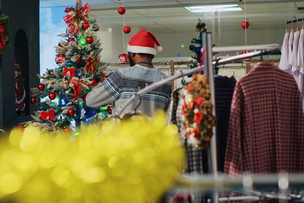 Uomo con cappello natalizio, di spalle, accanto all'albero di Natale