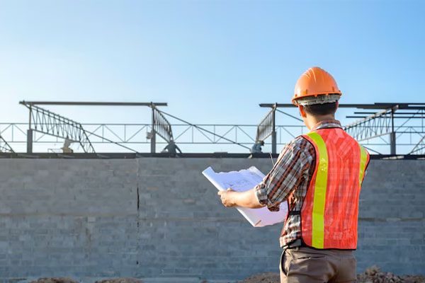 Operaio edile che controlla l'area del cantiere
