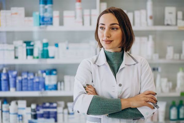 marchi di drudonna in piedi davanti al bancone con i medicinaligstore a Milano