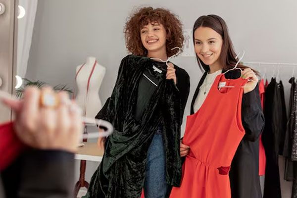 donne che provano i vestiti in negozio
