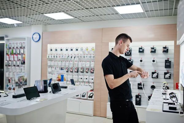 uomo in un negozio che guarda i prodotti