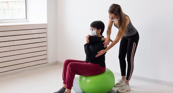 Donna e terapista eseguono esercizi