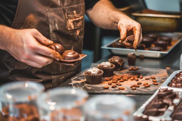 cioccolatiere che produce dolcetti al cioccolato fatti a mano
