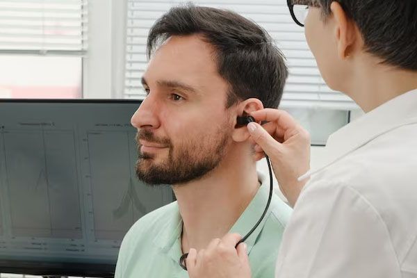 l'audiologo consulta il paziente sugli apparecchi acustici