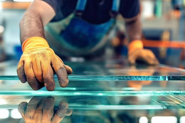 il lavoratore posiziona e organizza con cura il vetro