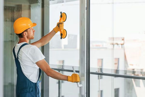 lavoratore che installa una porta di vetro