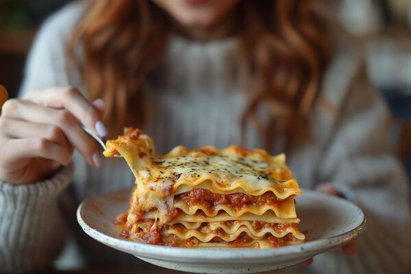 Primo piano di un piatto di lasagne e di una mano con una forchetta