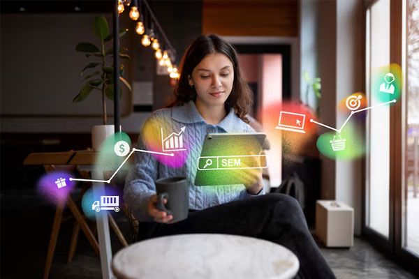 donna seduta a guardare lo smartphone circondato da icone galleggianti