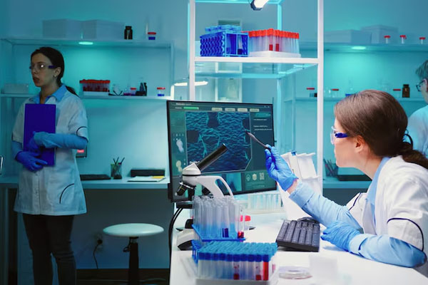 Il tecnico ispeziona l'immagine sullo schermo del PC in laboratorio