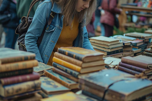 donna che guarda vecchi libri in un mercatino delle pulci