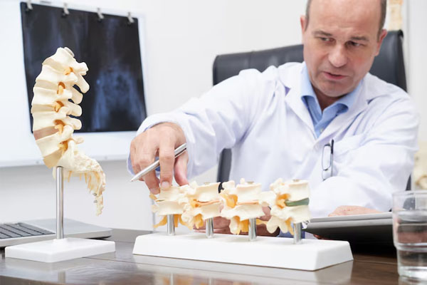 il medico mostra il modello della vertebra sulla sua scrivania