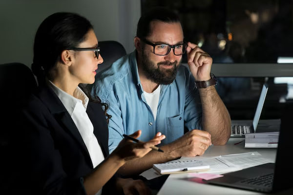 Uomo e donna che lavorano alla scrivania in un ufficio
