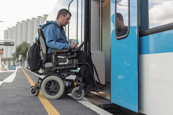 Uomo in sedia a rotelle che cerca di salire su un treno