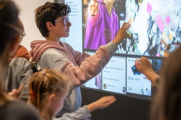 bambini che utilizzano schermi interattivi nella sala espositiva
