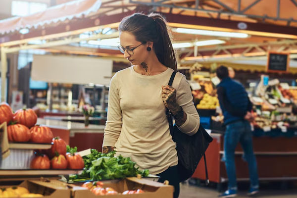 bella giovane donna che fa la spesa in una bancarella del mercato