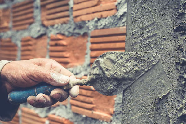 Primo piano di una spatola che applica il cemento a un muro