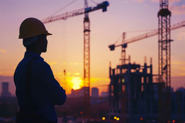 Uomo in piedi con le spalle alla telecamera che guarda un cantiere edile