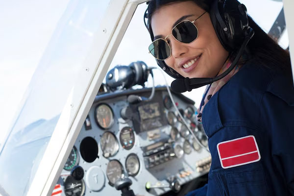 donna sorridente nella cabina di un aereo