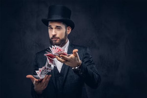 Mago che esegue un trucco magico con le carte